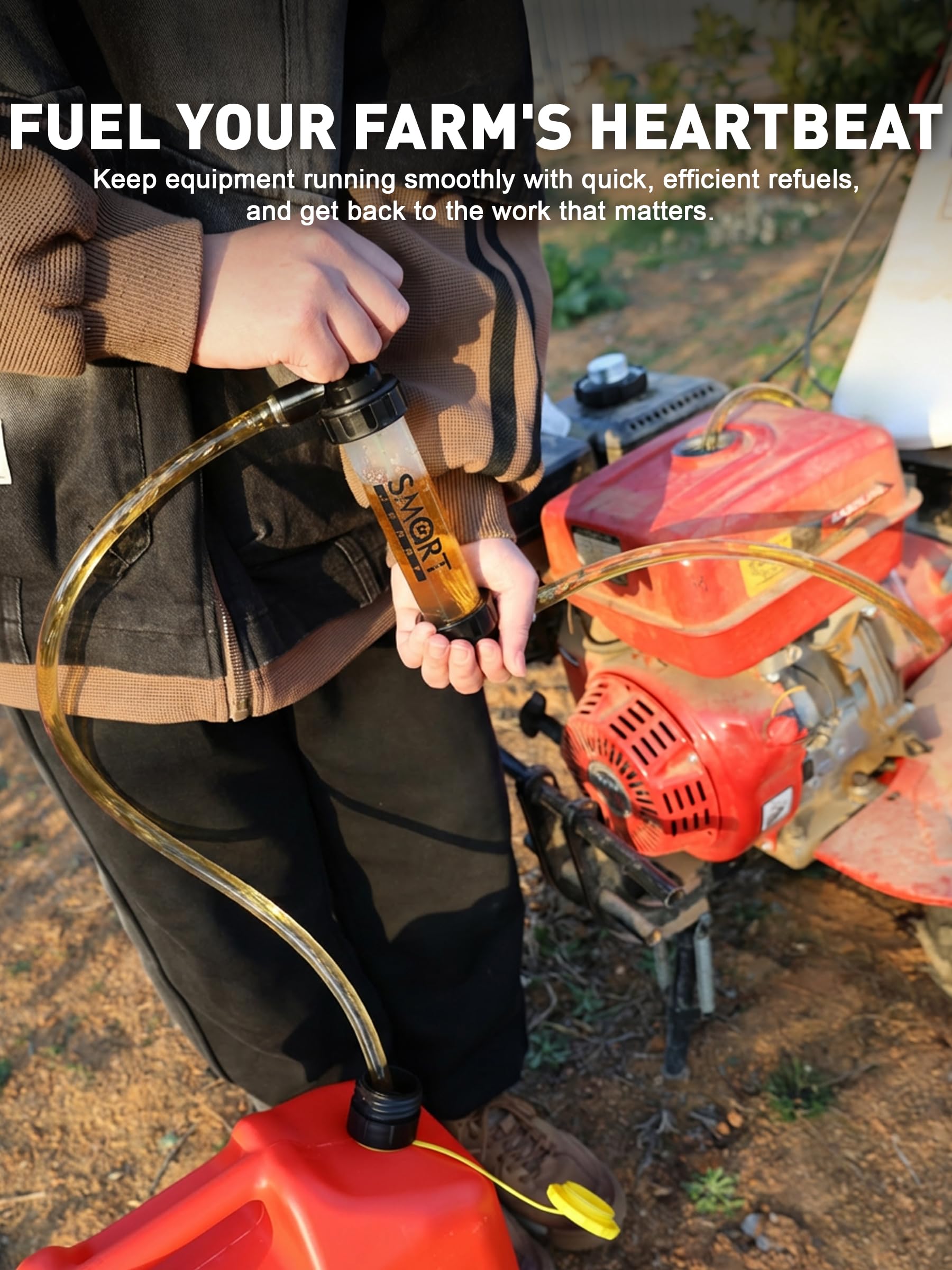 SMART JERRY gas siphon pump in use for gasoline transfer.