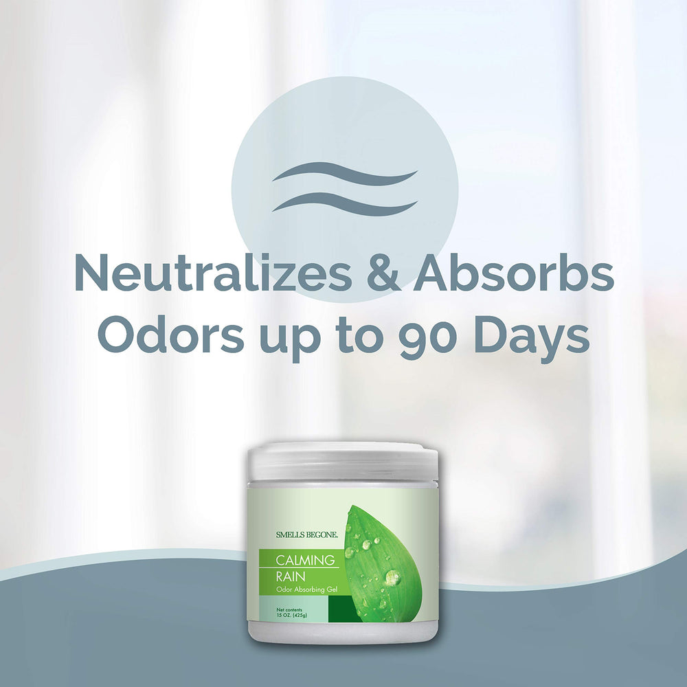Smells Begone gel odor eliminator label close-up highlighting fragrance-free formulation