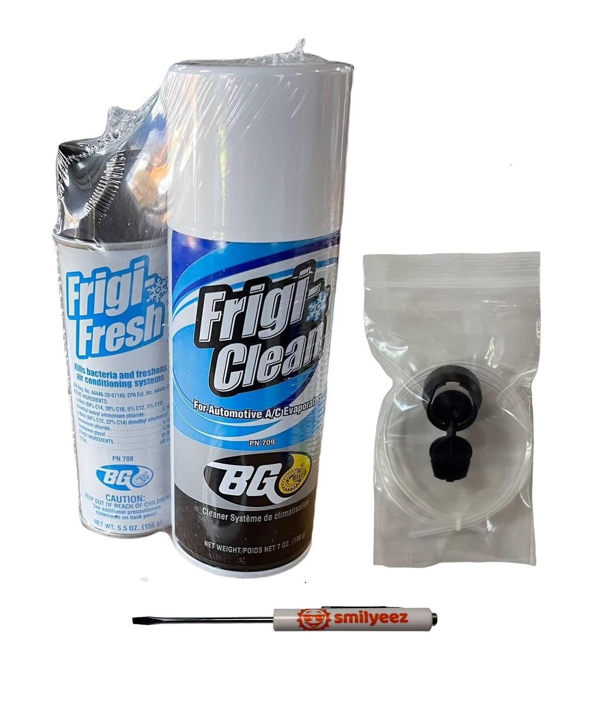 Smilyeez BG Frigi-Clean aerosol bottle ready for evaporator cleaning and odor removal.