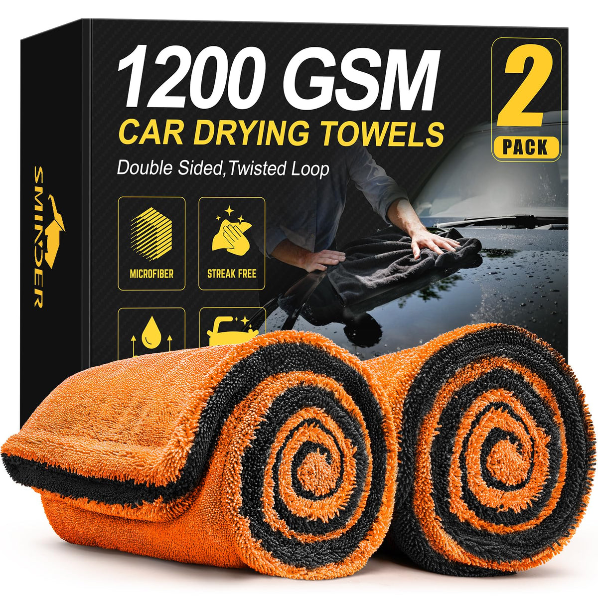 SMINDER 2-pack 1200 GSM car drying towels in orange demonstrate quick, streak-free drying.