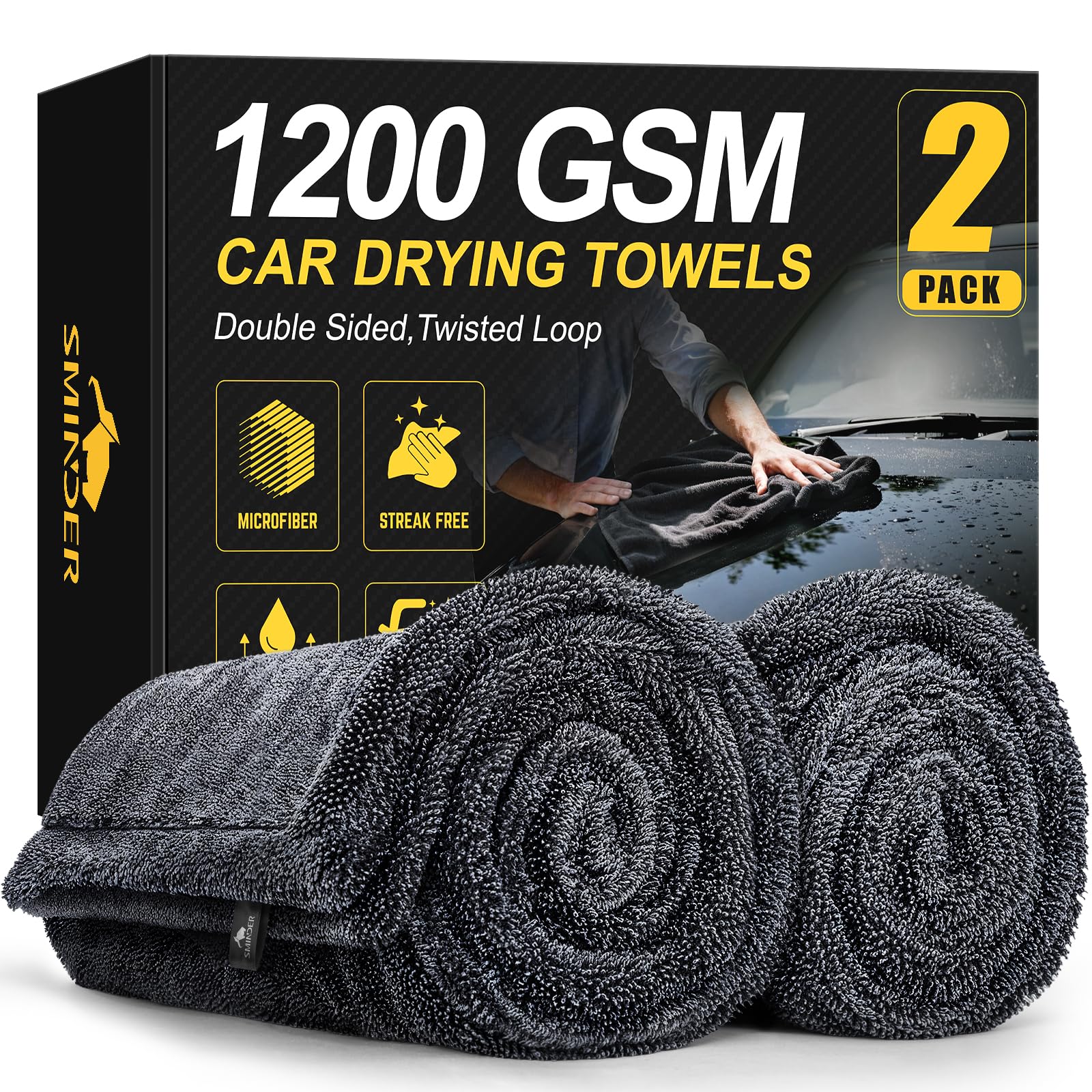 SMINDER 2-pack 1200 GSM car drying towels rolled for quick, even drying.