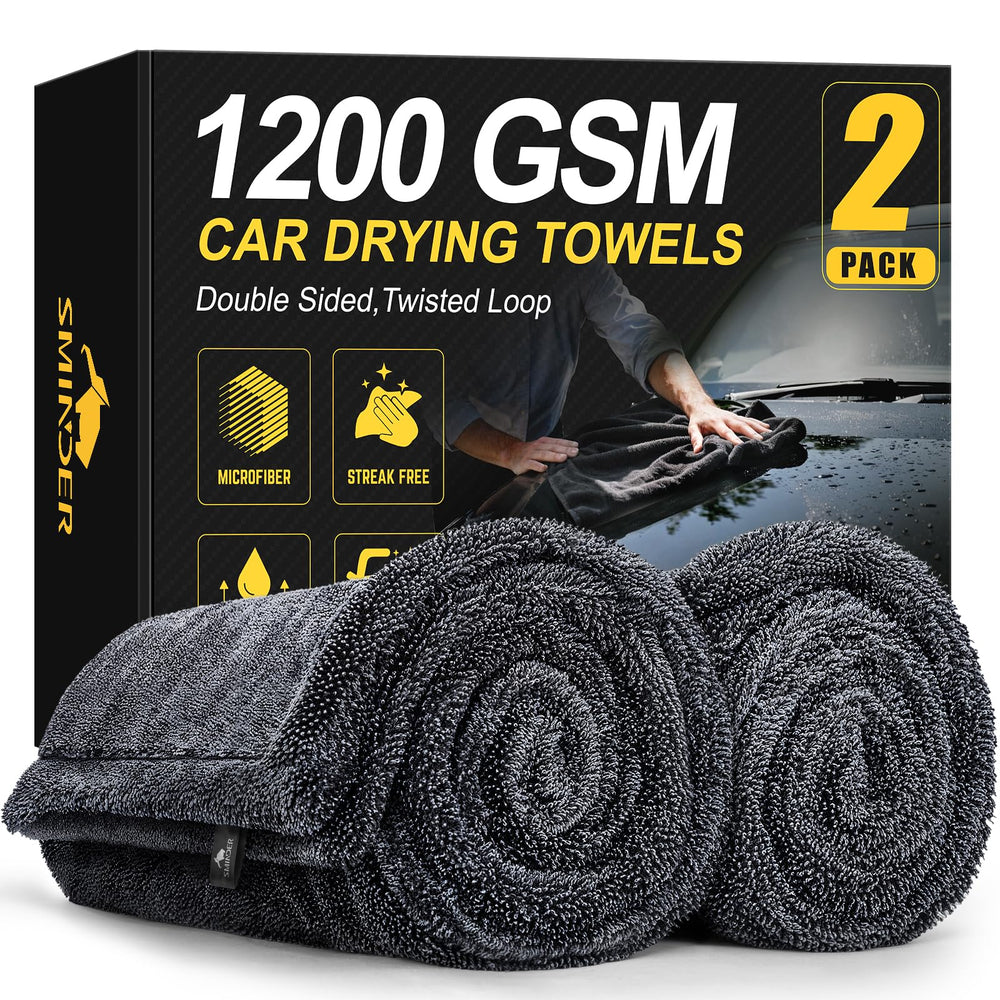 SMINDER 2-pack 1200 GSM car drying towels rolled for quick, even drying.