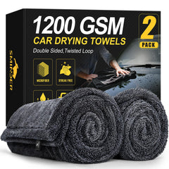 SMINDER 2-pack 1200 GSM car drying towels rolled for quick, even drying.