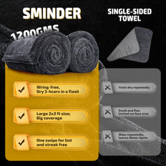 SMINDER 2-pack 1200 GSM car drying towels scratch-free finish for safe detailing.