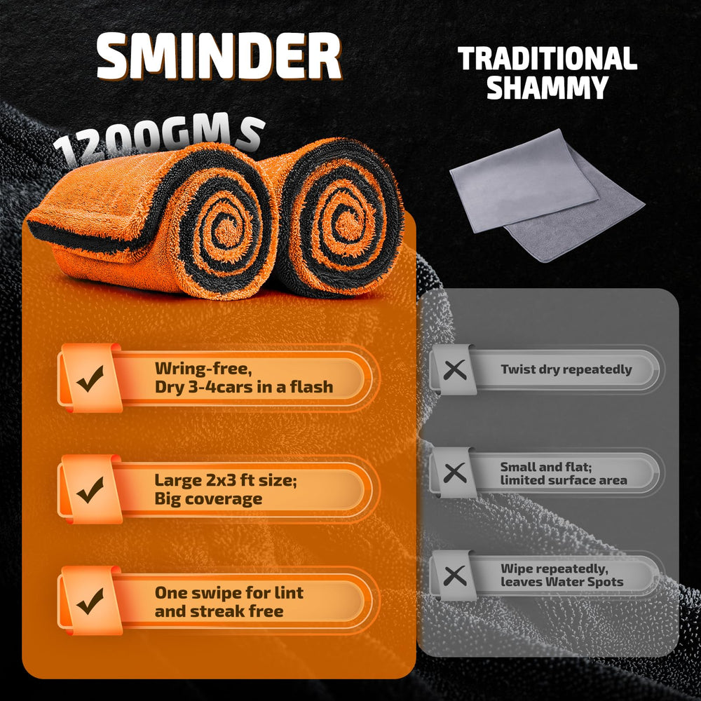 SMINDER edgeless design microfiber towel shows paint-safe, scratch-free drying.