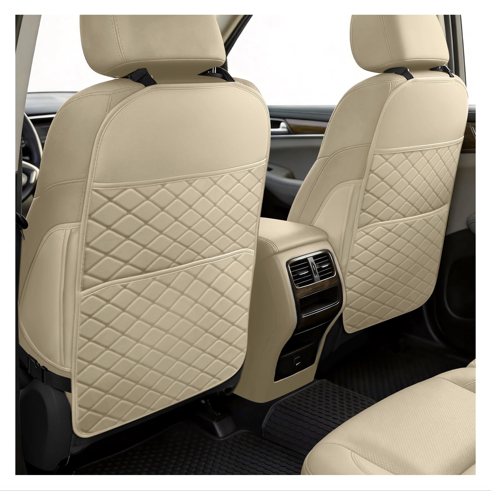 SMOQIO beige seat back protector front view with diamond quilting and clean lines.