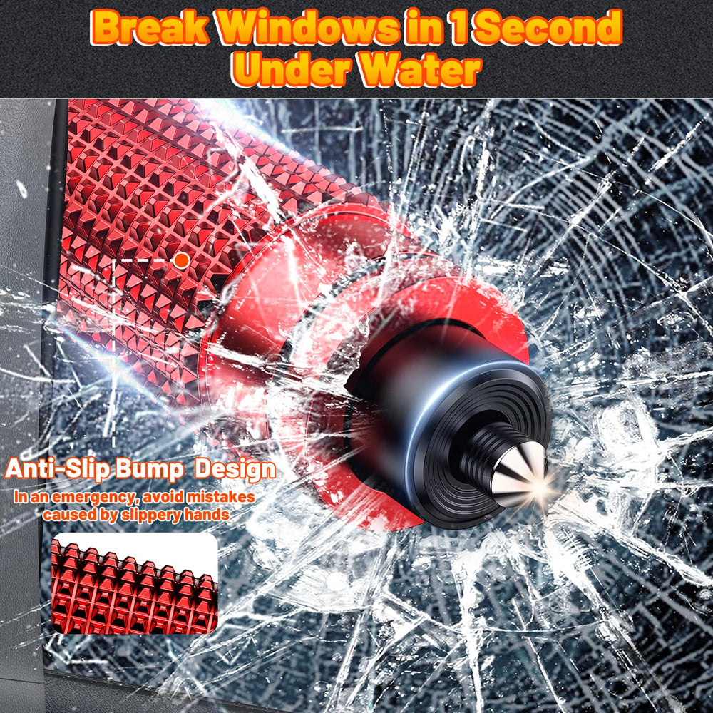 Smosun Safehammer spring-loaded window breaker demonstrates rapid glass breach.