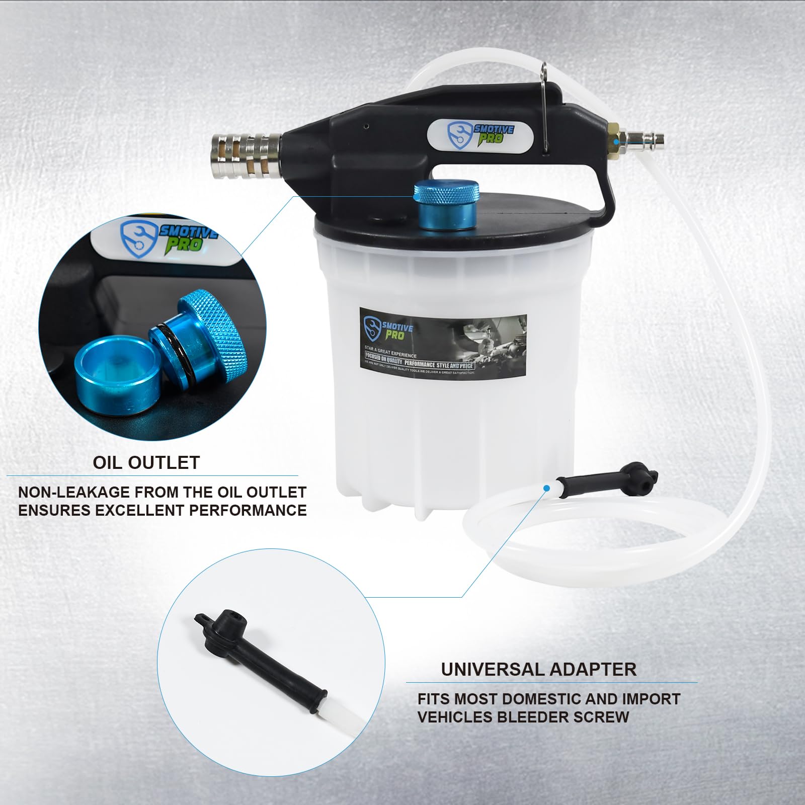 SMOTIVEPRO brake bleeder pump with thumb throttle allows steady one-person operation.