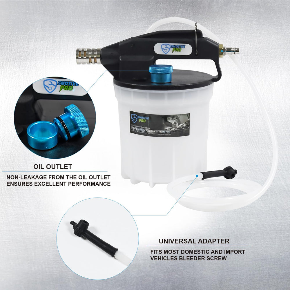 SMOTIVEPRO brake bleeder pump with thumb throttle allows steady one-person operation.