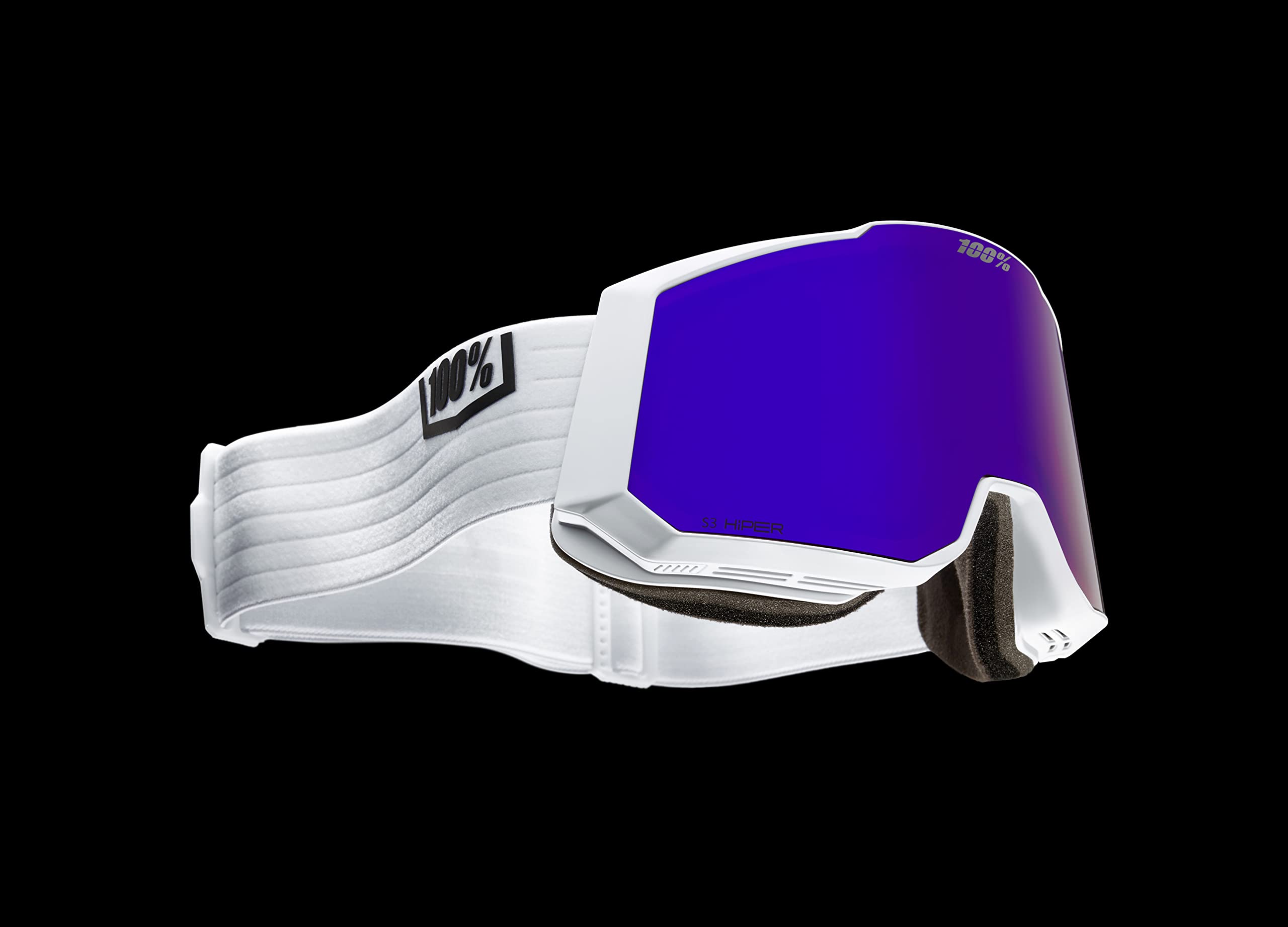 Side view of 100% SnowCraft XL HiPER goggles in white-violet with anti-fog comfort-fit design