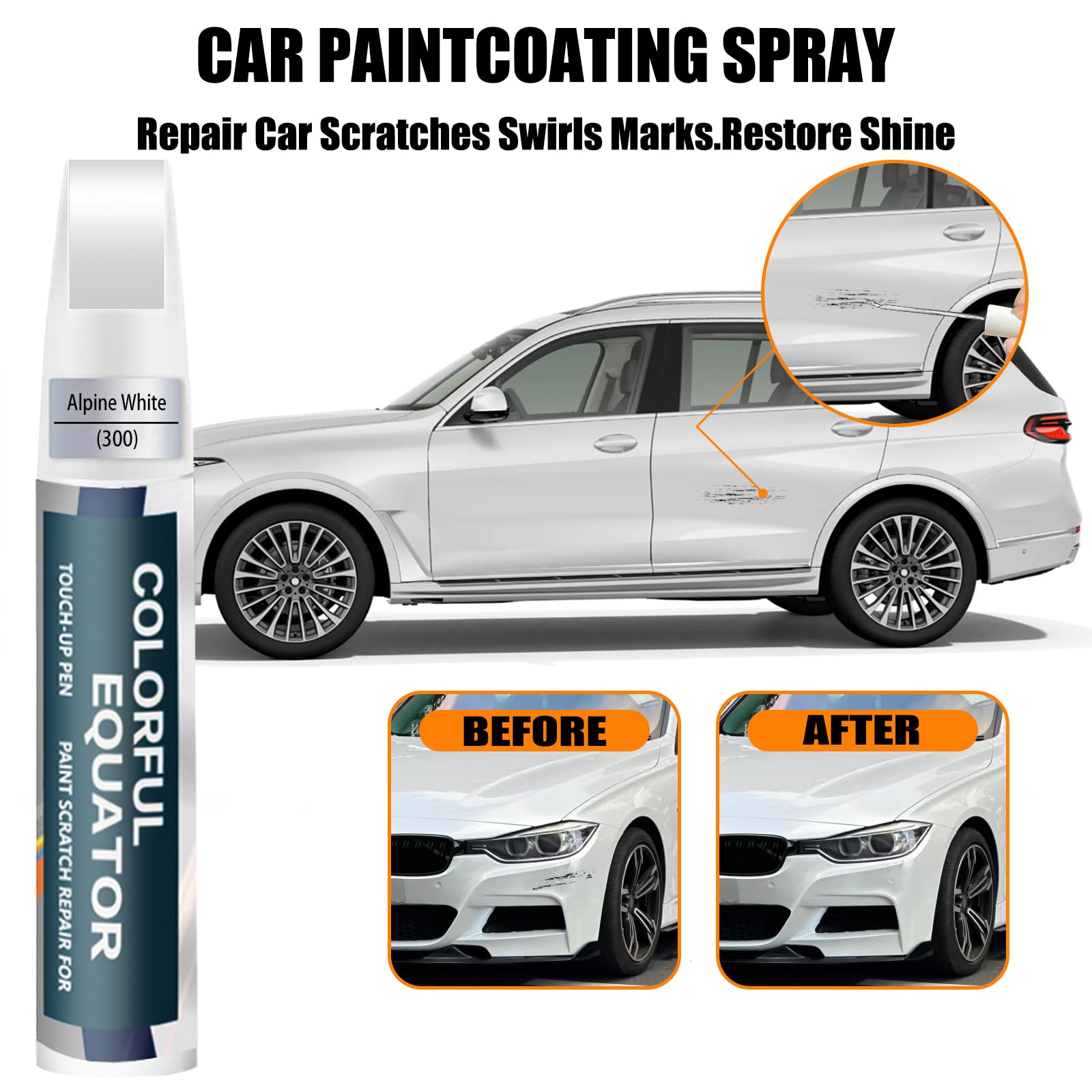 BMW scratch treated with SNSIR Alpine White touch-up application for quick concealment.