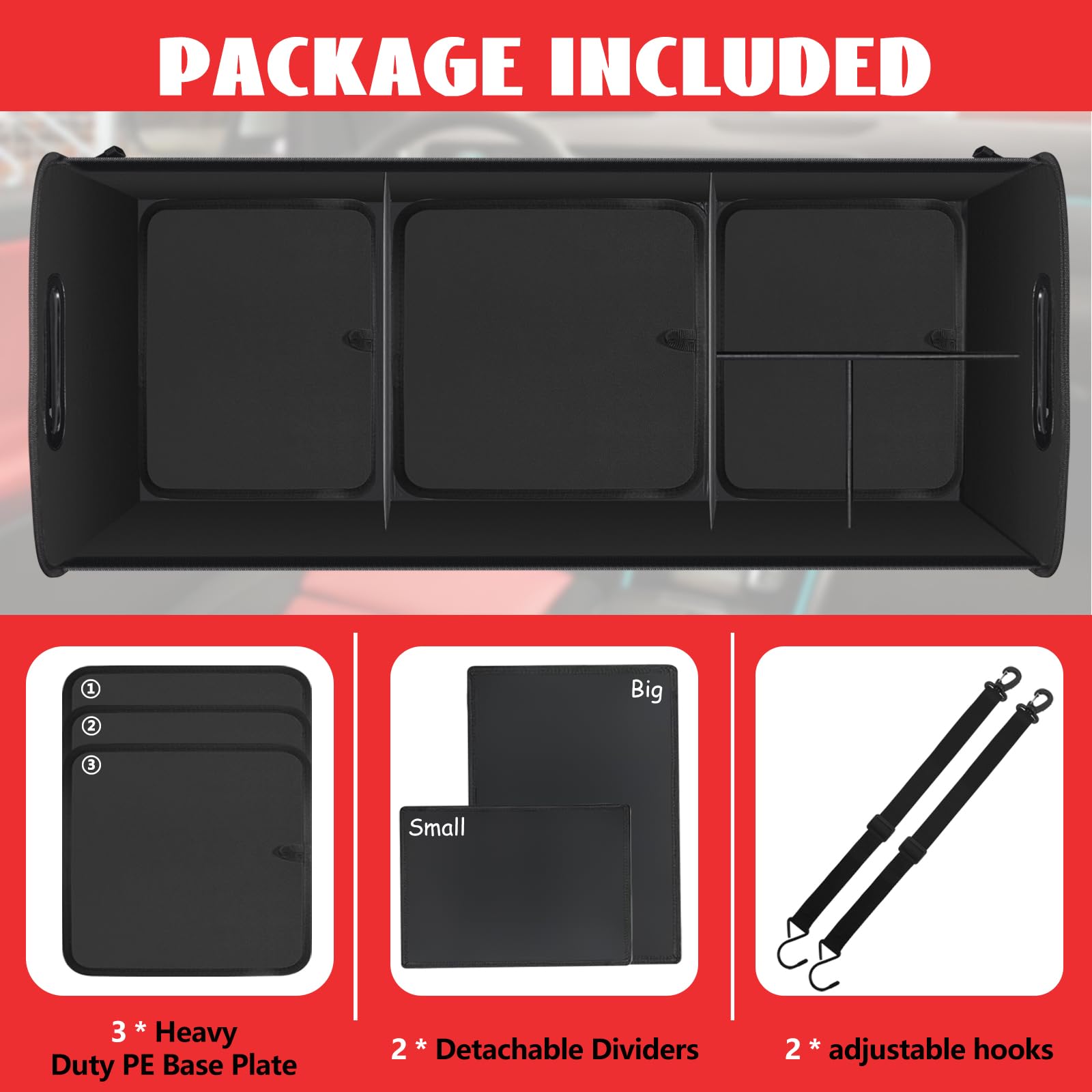 Snuopfy organizer with adjustable straps securing in a vehicle trunk