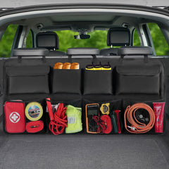 Snuopfy trunk organizer front view shows eight pockets for tidy cargo on the go.