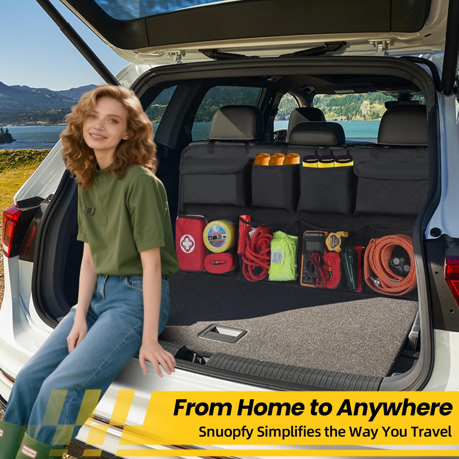 Snuopfy trunk organizer installation demonstrates quick setup with straps for steady hold.