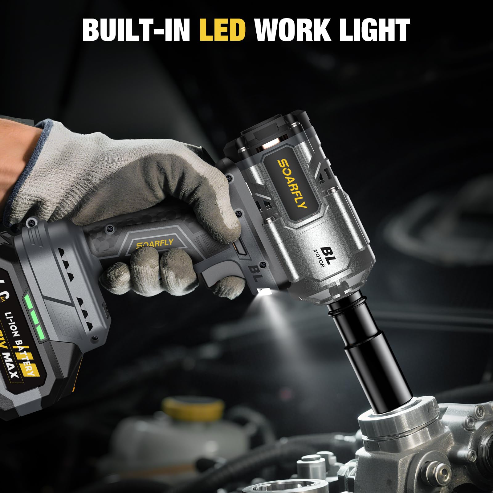 SOARFLY in use loosening a car lug nut showing efficient removal benefit