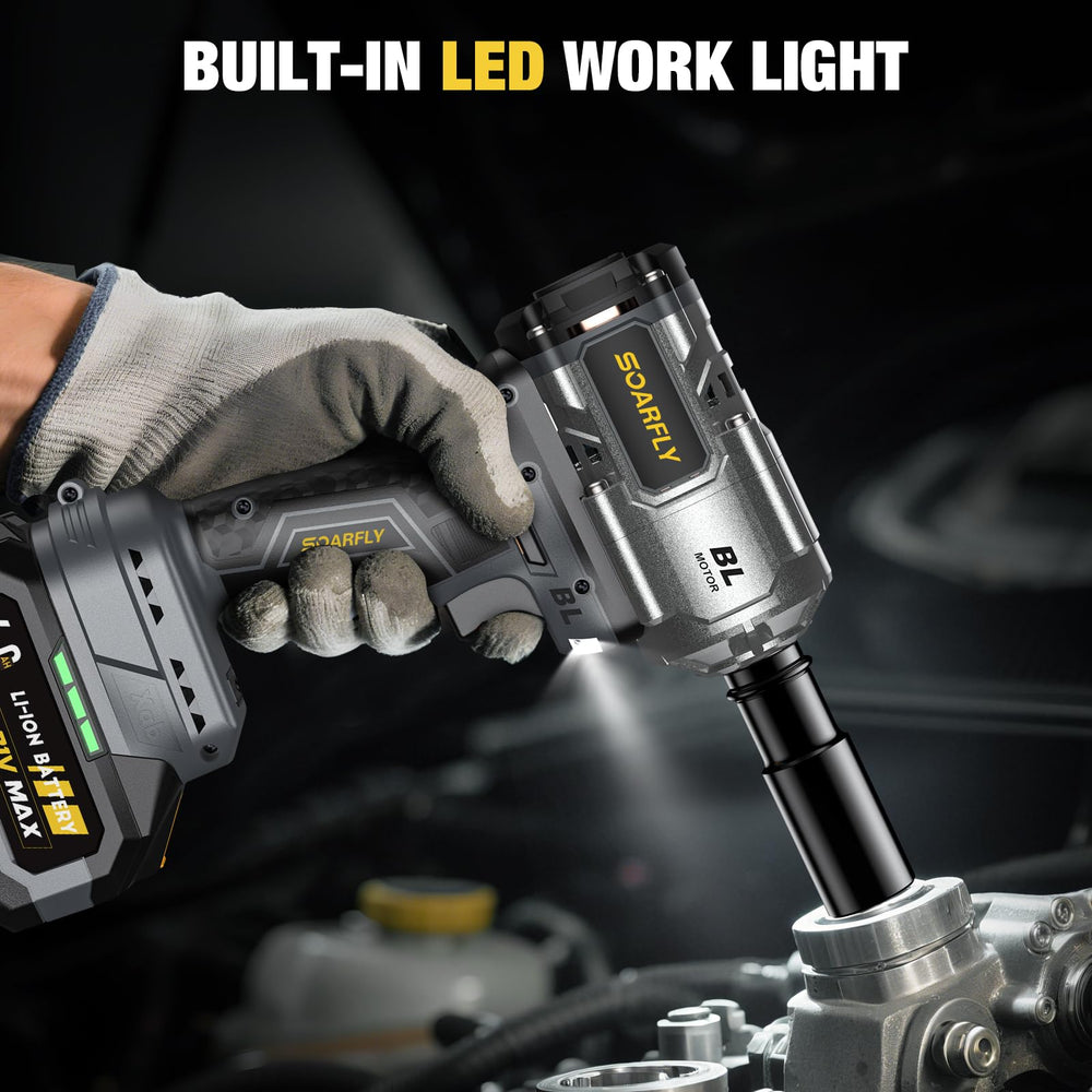 SOARFLY in use loosening a car lug nut showing efficient removal benefit