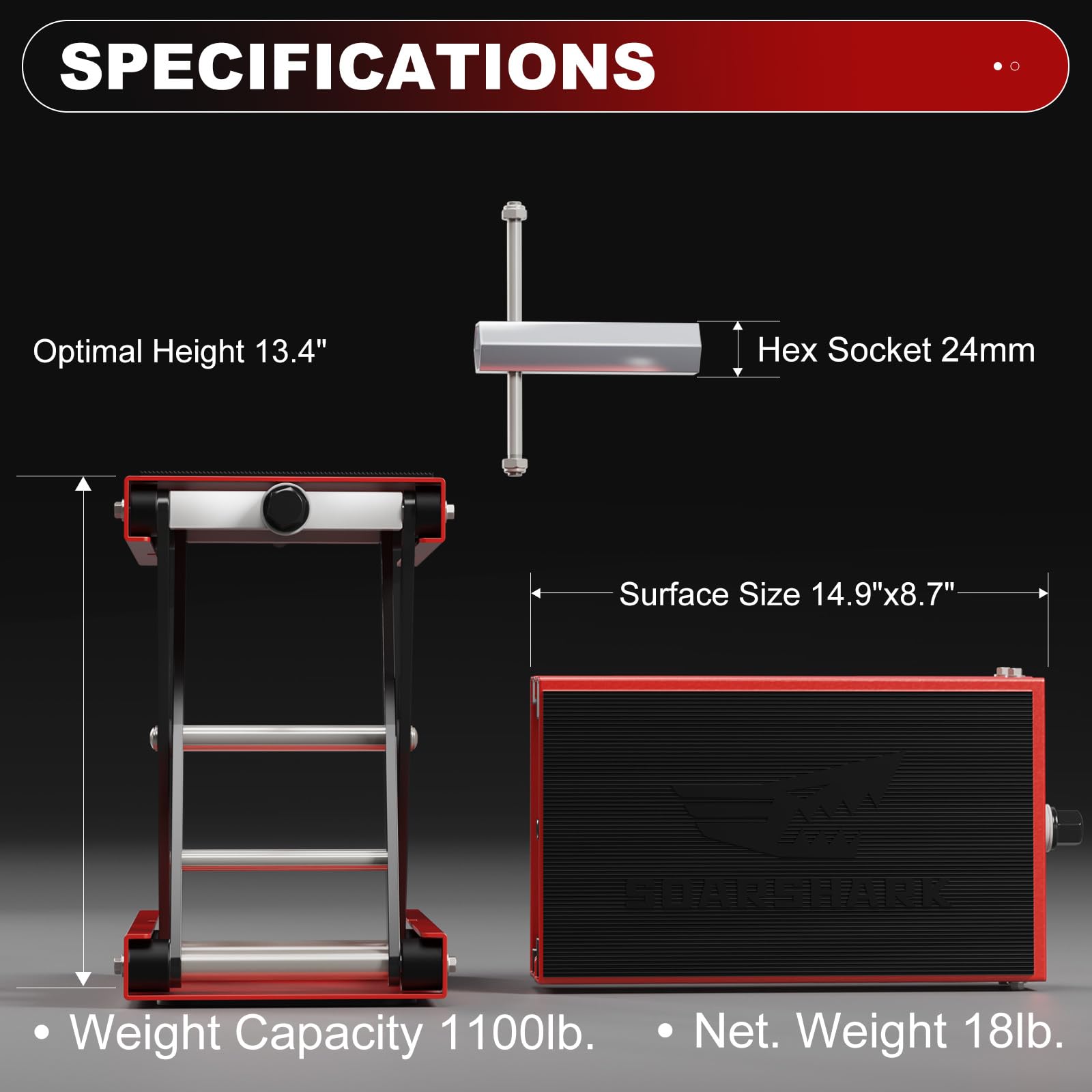 SOARSHARK aluminum motorcycle lift side view shows compact footprint and versatile placement.