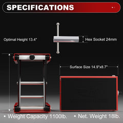 SOARSHARK aluminum motorcycle lift side view shows compact footprint and versatile placement.