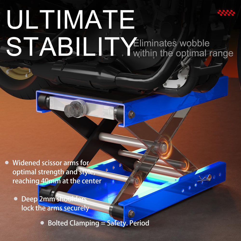 Top deck rubber pad visible on blue lift protecting bike finish during lifts