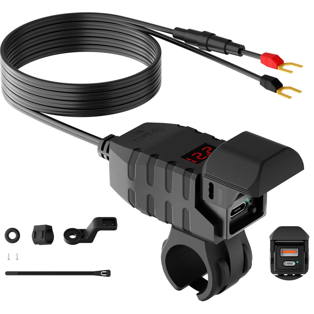 SOBMOTO motorcycle USB charger mounted on handlebars with dual ports for road charging