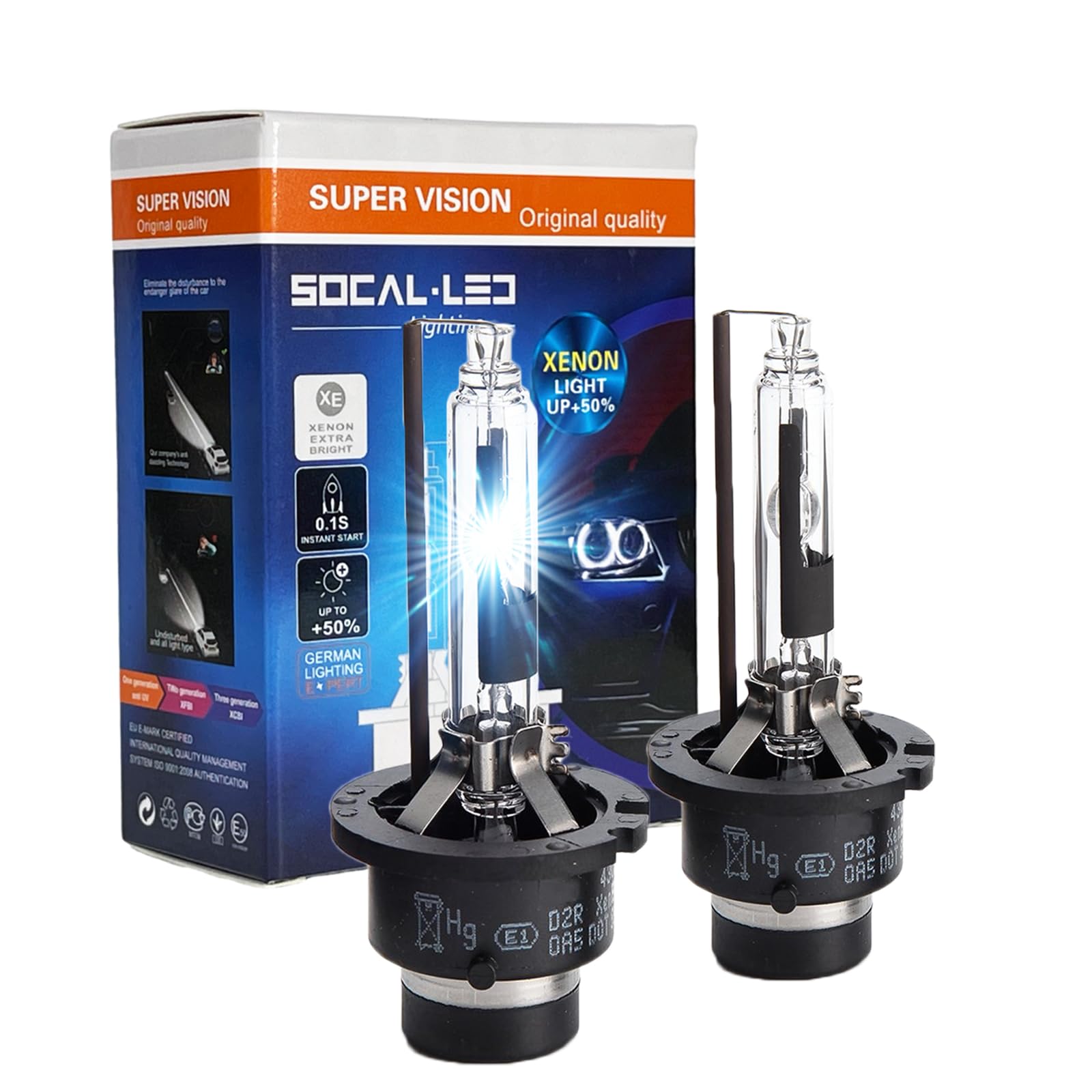 SOCAL-LED LIGHTING D2R bulbs front view shows crystal white 6000K illumination for better night visibility