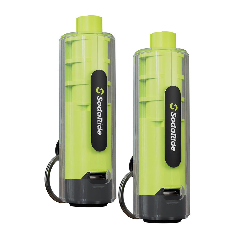 Sodaride window breaker with seatbelt cutter and flashlight in green for quick emergency escape.