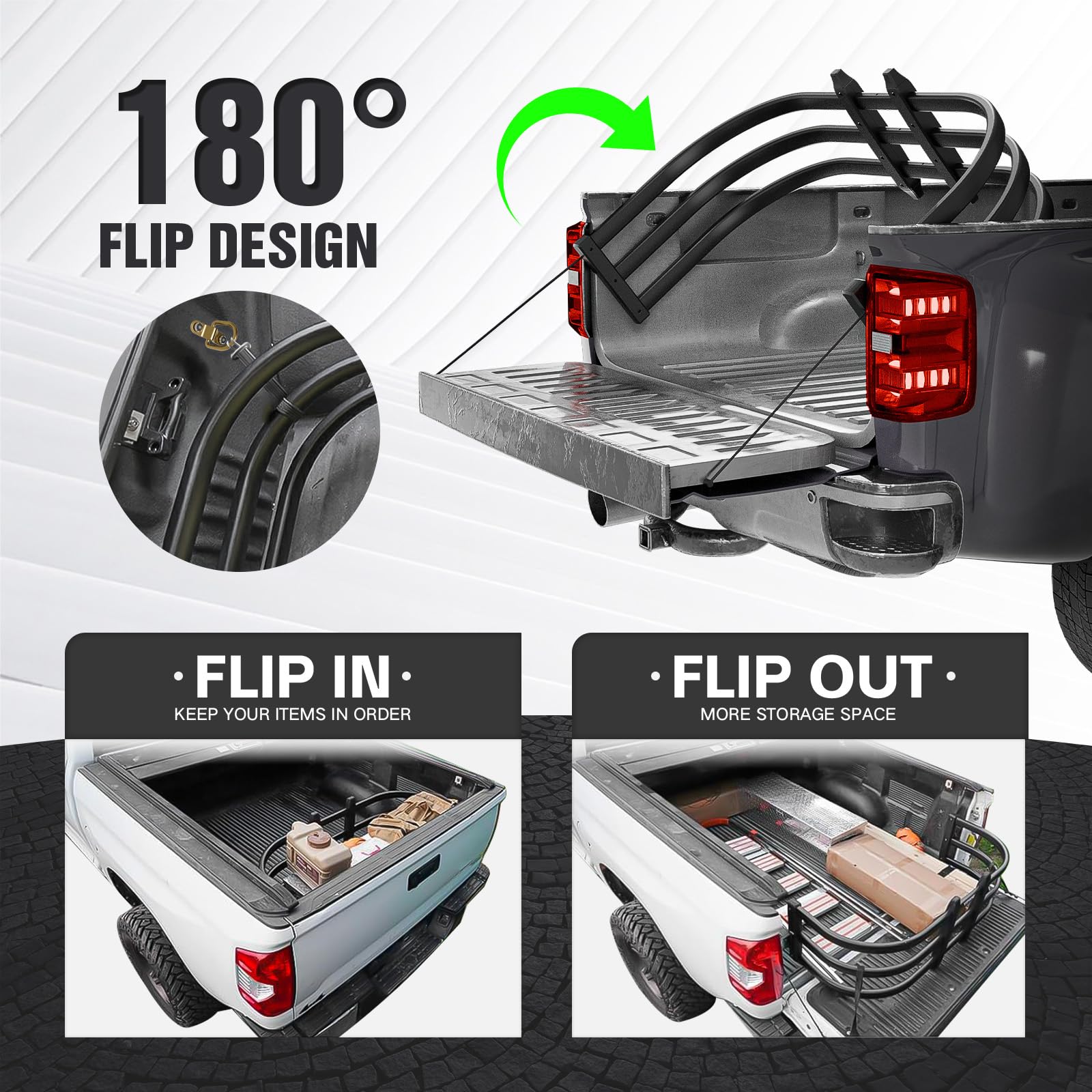 SOENBOO truck bed extender shows drill installation with quick bracket pins for secure mounting