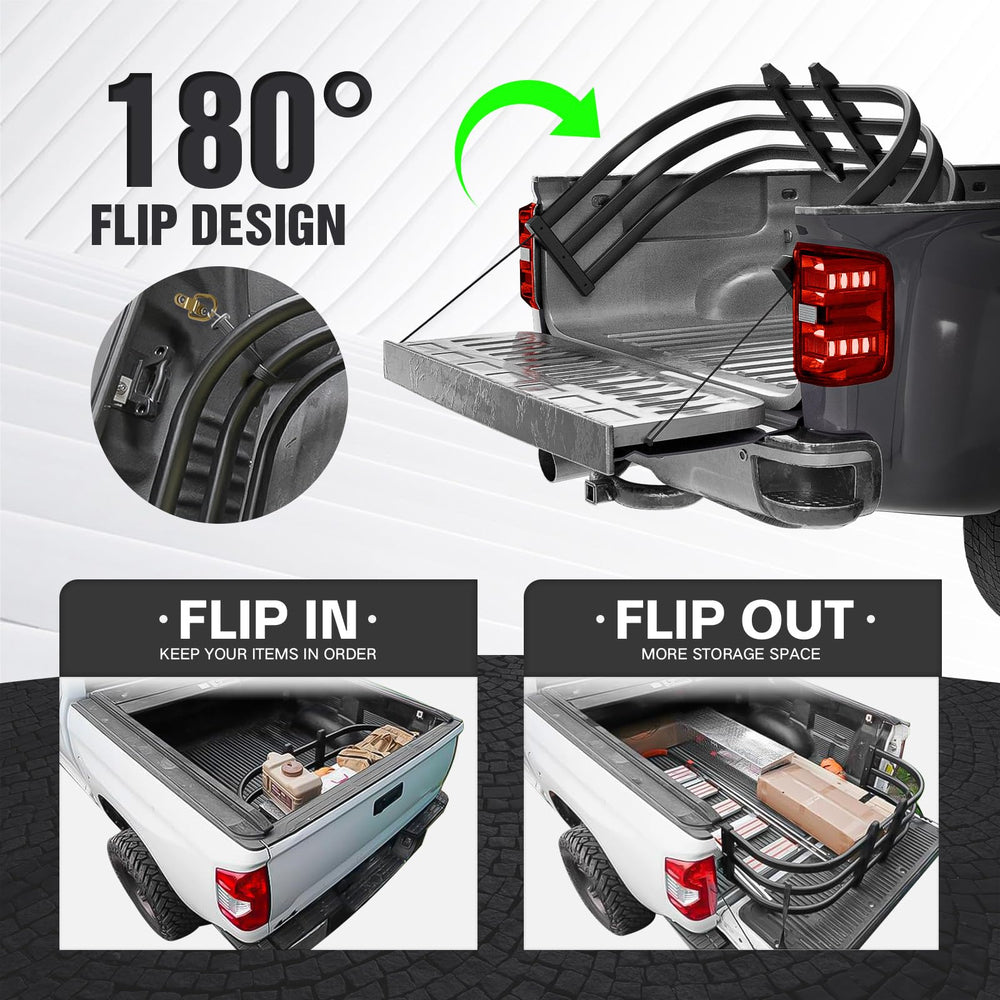 SOENBOO truck bed extender shows drill installation with quick bracket pins for secure mounting