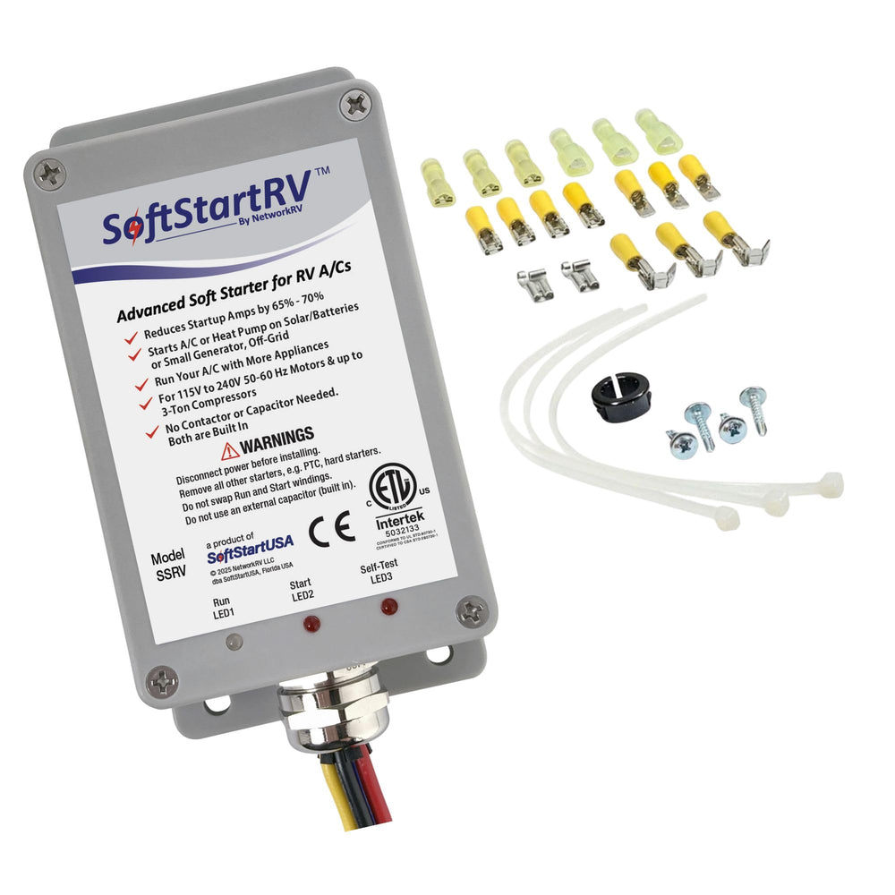 SoftStartRV AC soft start kit front view shows a compact design for low-profile RV air conditioners.