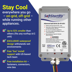 SoftStartRV kit installed under RV cabinet demonstrates space-saving installation.