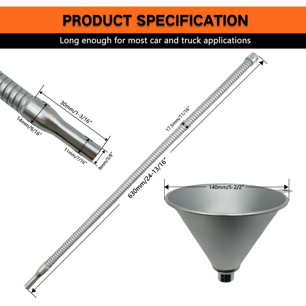 Solalithosys steel funnel features a storage hook for neat garage organization.