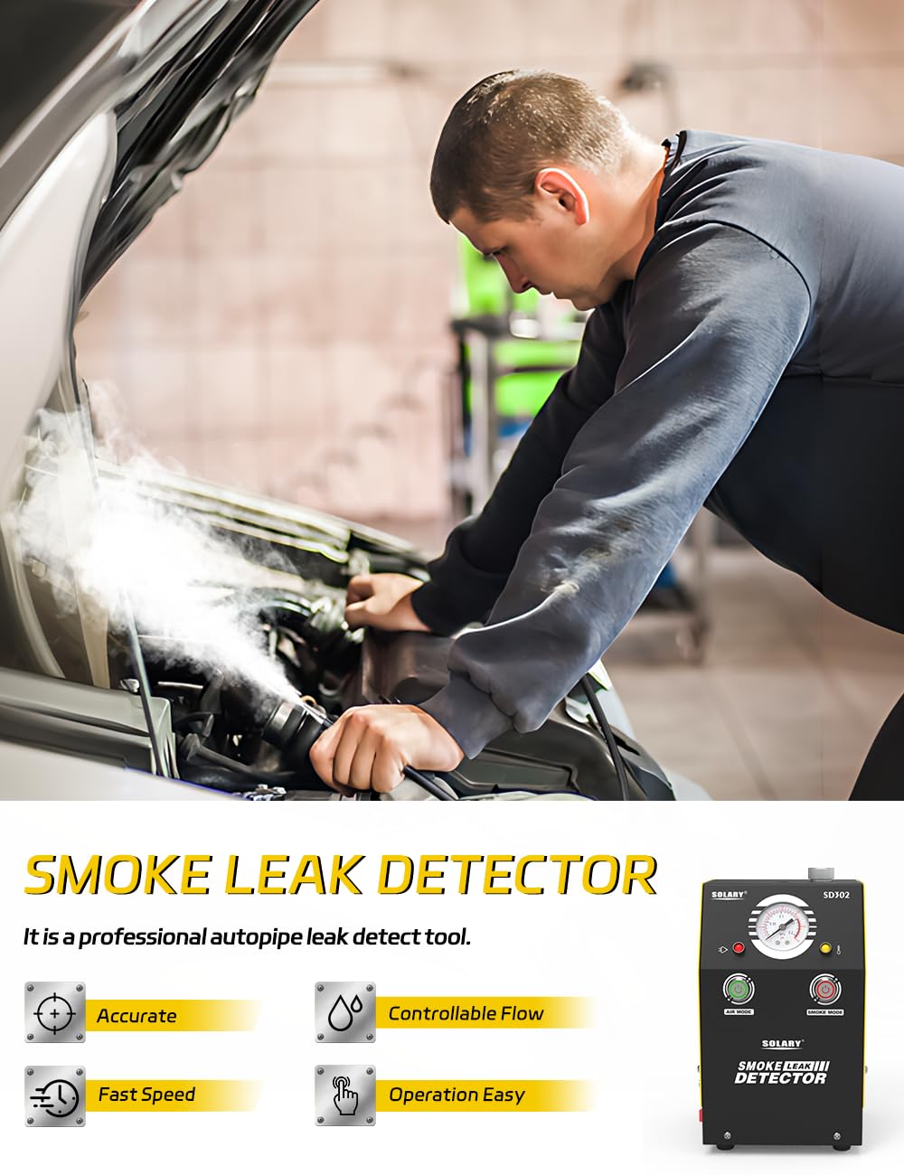 Solary SD302 smoke tester displaying exhaust system leak detection in a workshop.