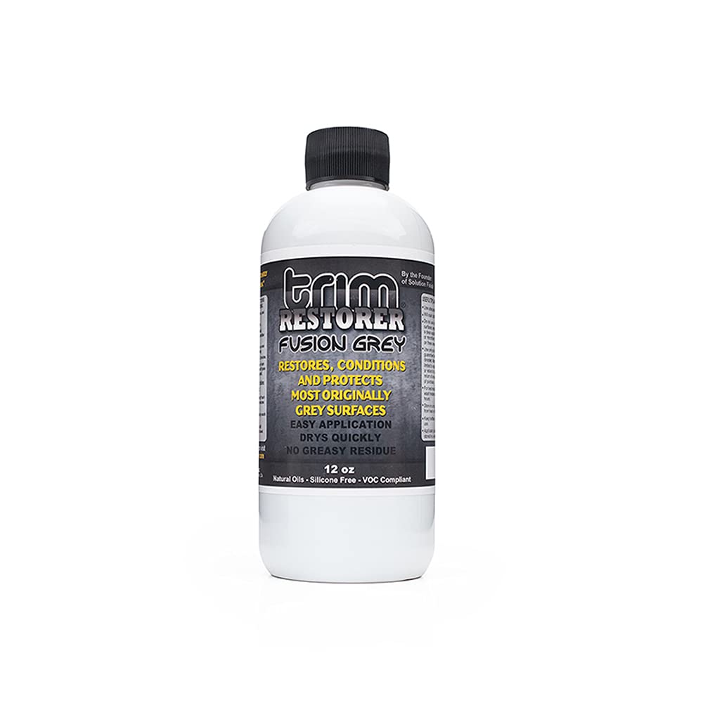 Solution Finish Fusion Grey Trim Restorer bottle close-up with silicone-free exterior trim formula