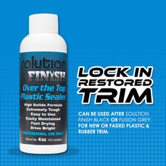 Solution Finish plastic trim restoration before and after showing deeper black gloss