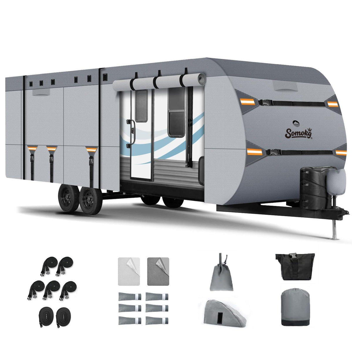 Somokg 7-layer RV cover top view provides rugged protection for 30–33 ft trailers.