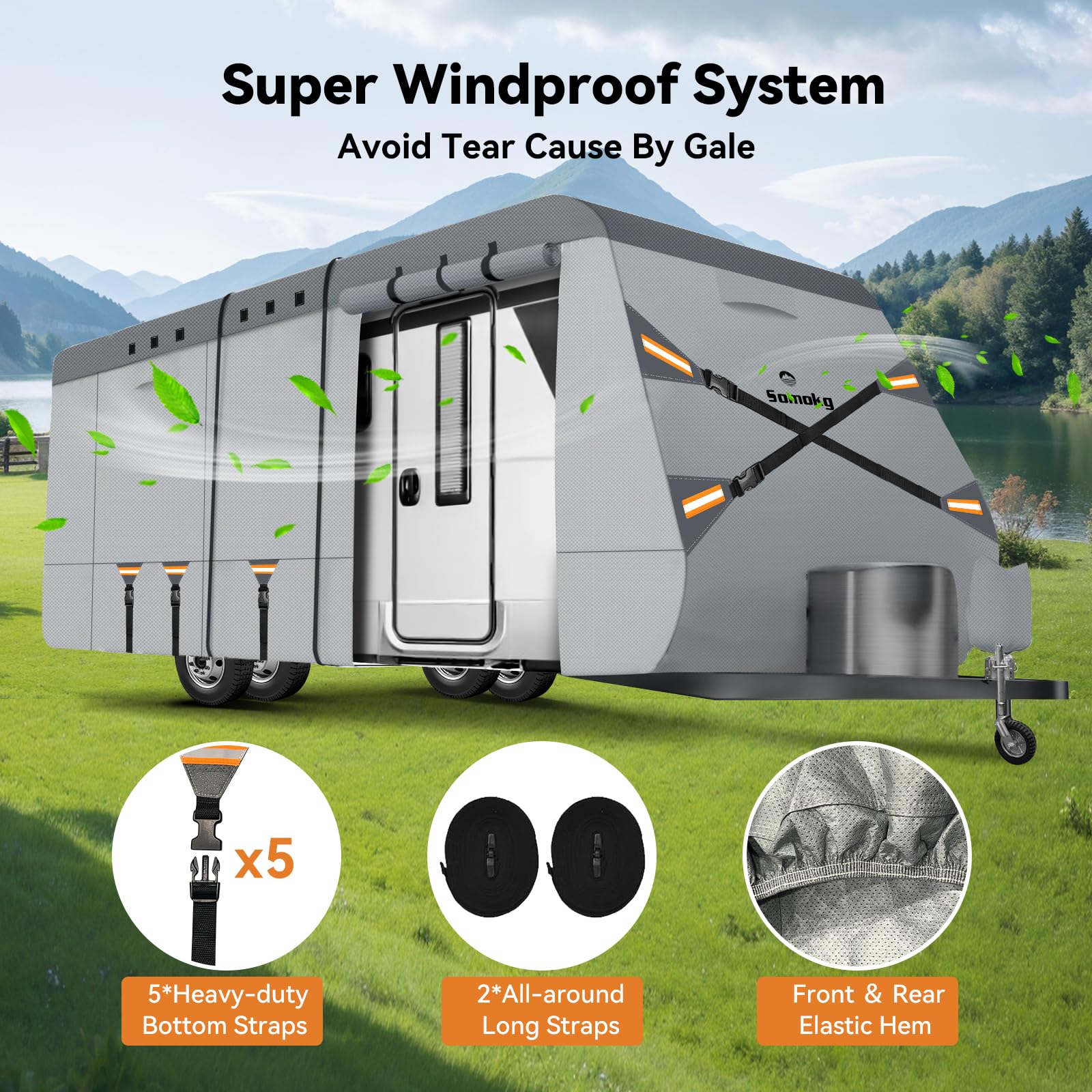 Somokg Upgrade 7-Layer RV Cover windproof strap system in action