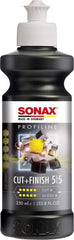 SONAX Cut & Finish bottle close-up highlighting high-performance polish for flawless results.