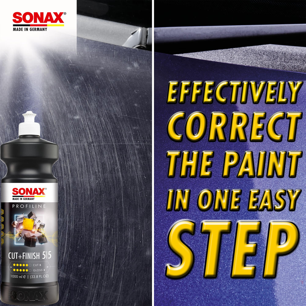 SONAX Cut & Finish packaging display emphasizing silicone-free, long working time formula.