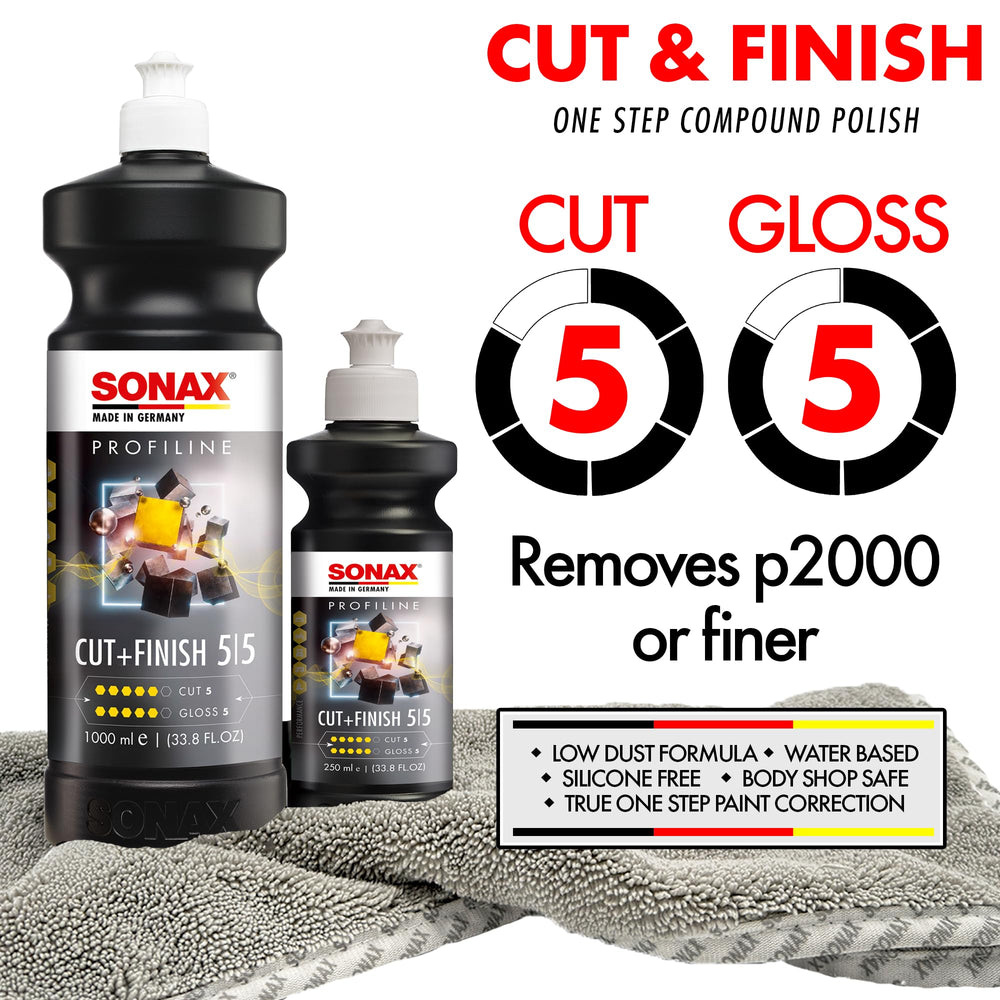 SONAX Cut & Finish surface blemish removal close-up showing defect removal potential.