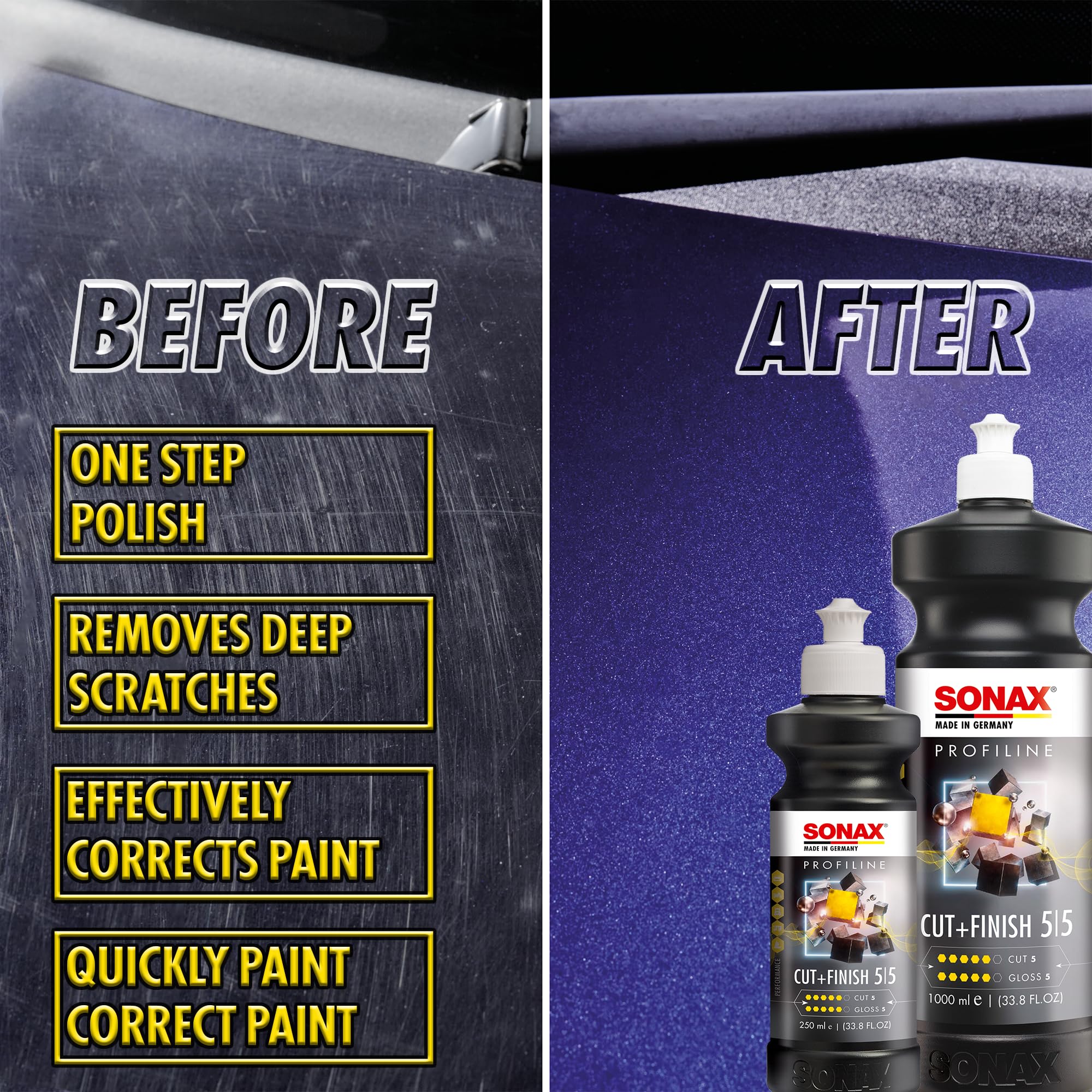 SONAX Cut & Finish swatch test demonstrating deep-cut capability with easy wipe-off.