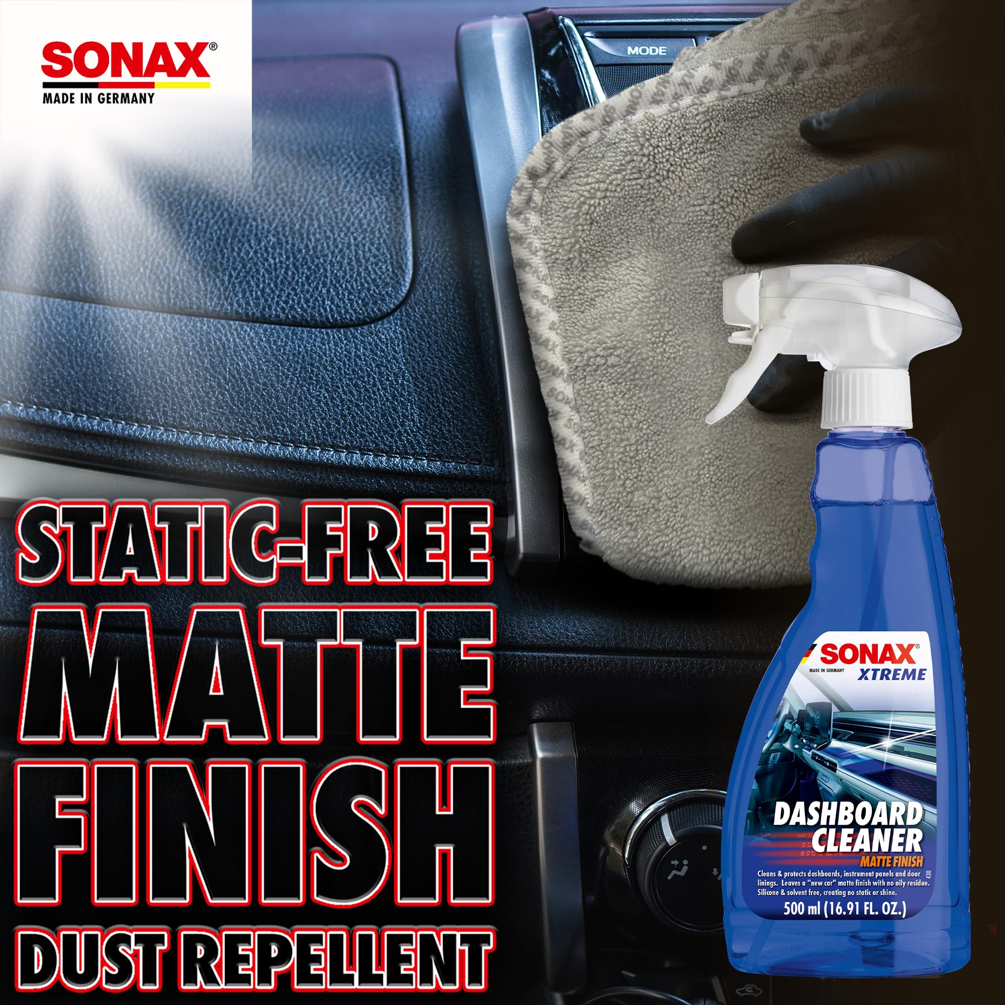 Shelf image showing spray application for easy, streak-free cleaning of dashboards.