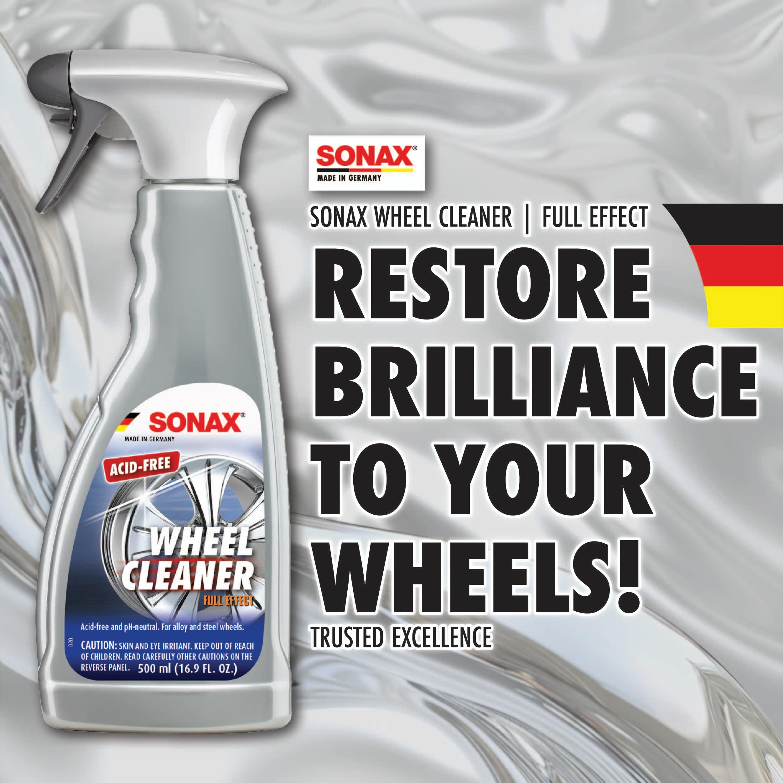 SONAX Full Effect color-change shows dirt dissolution on wheels