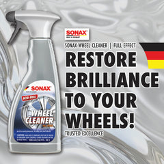 SONAX Full Effect color-change shows dirt dissolution on wheels