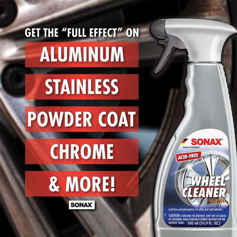 SONAX Full Effect color-change action shows cleaning progress on brake dust.