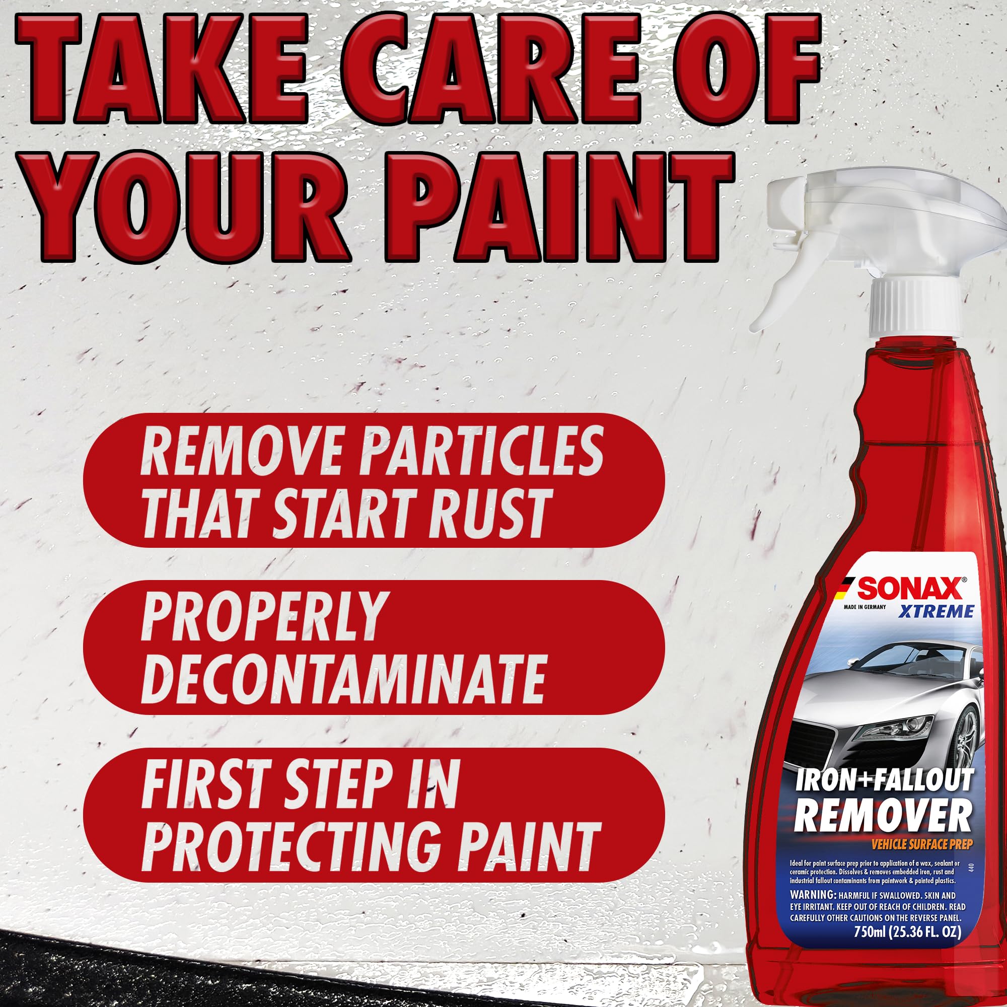 SONAX Iron+Fallout Remover cleans wheels and paint surfaces to prep for clay bar.