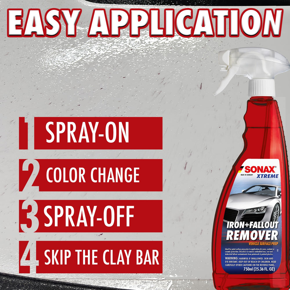 SONAX Iron+Fallout Remover shows red color change as contaminants are addressed.