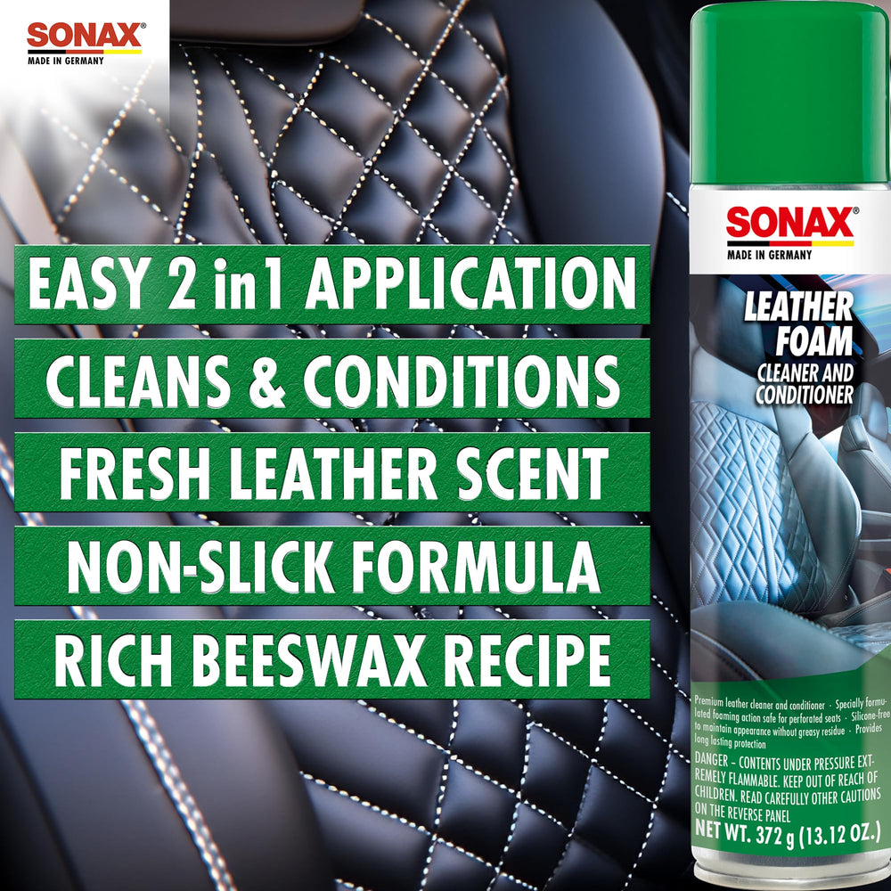 SONAX Leather Foam foaming action lifts dirt without over-wetting leather.