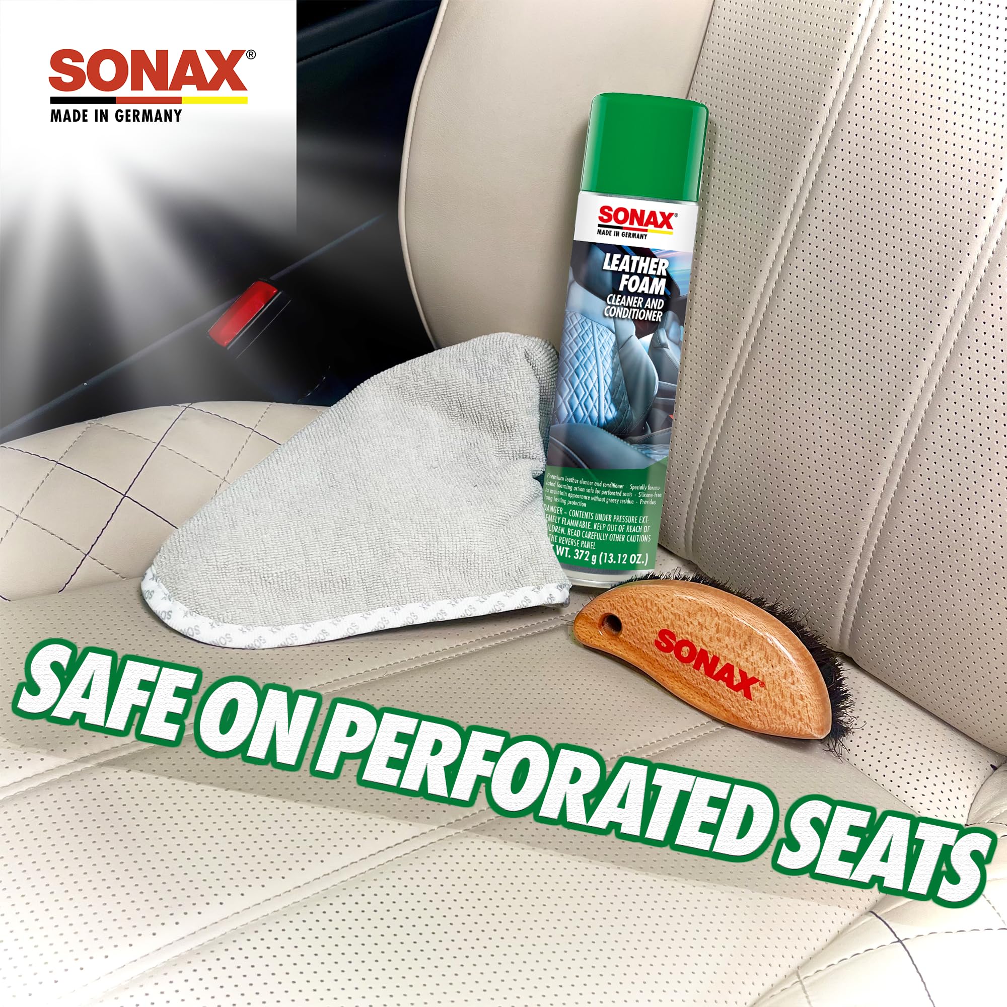 SONAX Leather Foam heated-cooled-seats, respects climate-control features.