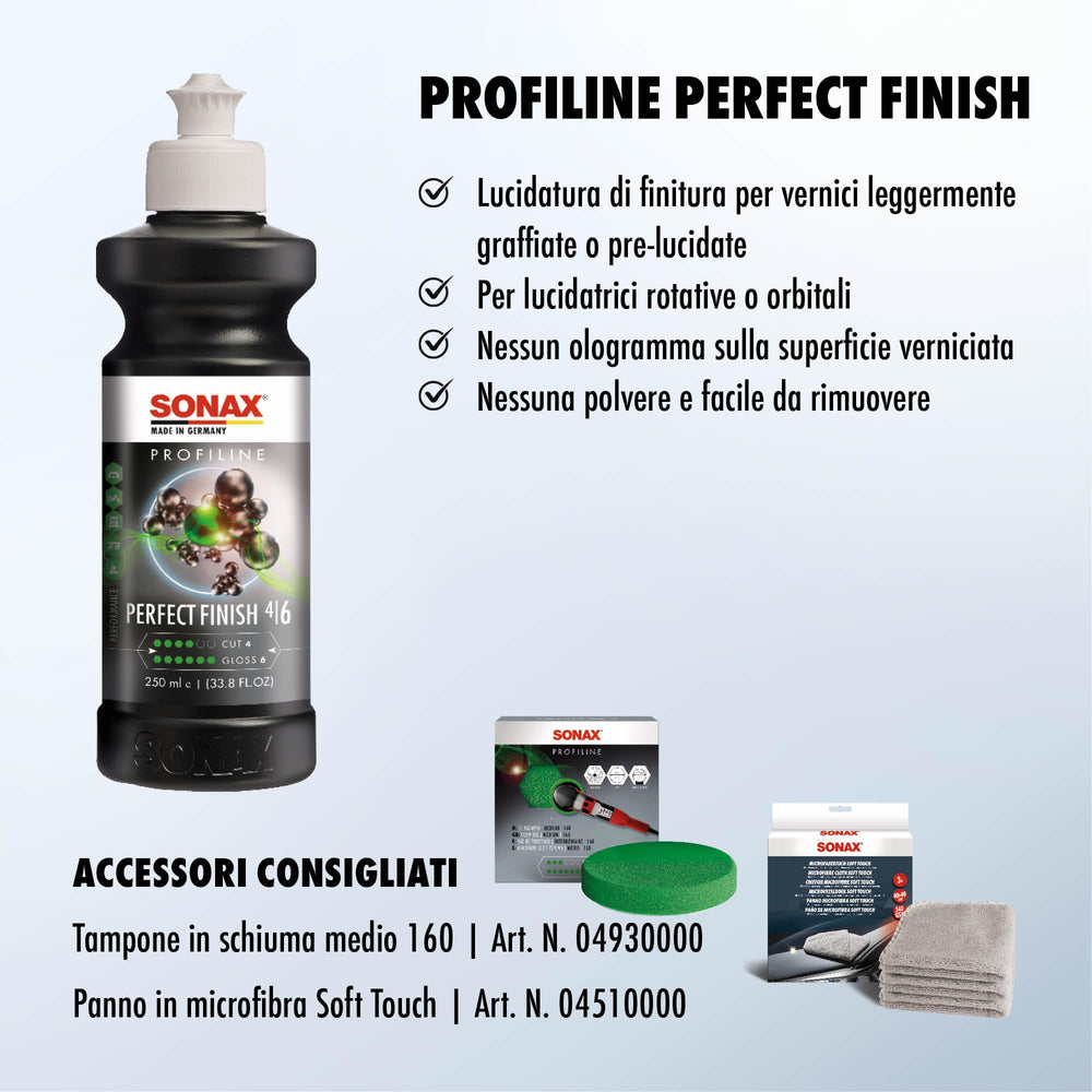 SONAX Perfect Finish swatch demonstrating defect removal and added gloss