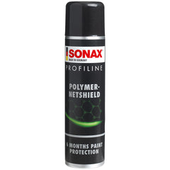 SONAX Polymer Net Shield aerosol spray application for quick, even paint protection.